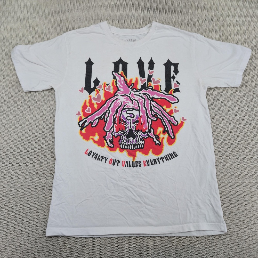 Love Loyalty Out Values Everything Shirt Mens Medium White Skull Flames Graphic